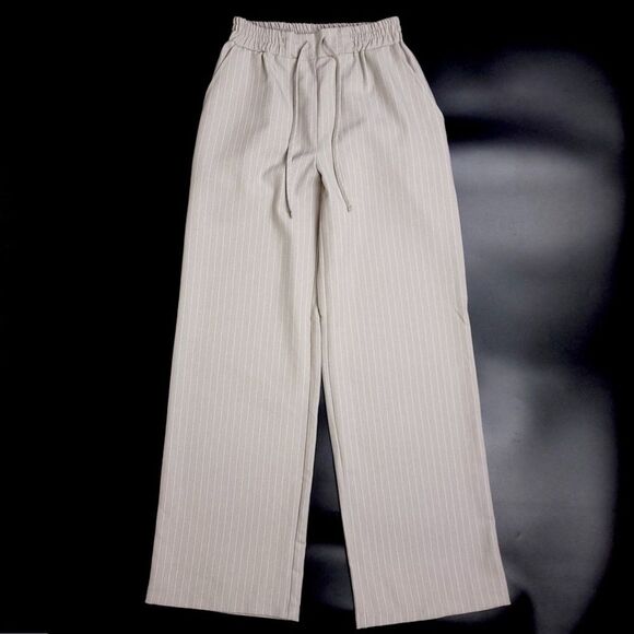 ASOS Wide Leg Trouser High Rise Drawstring Pull On Pants Gray Stripe Minimal 0 - Picture 1 of 6